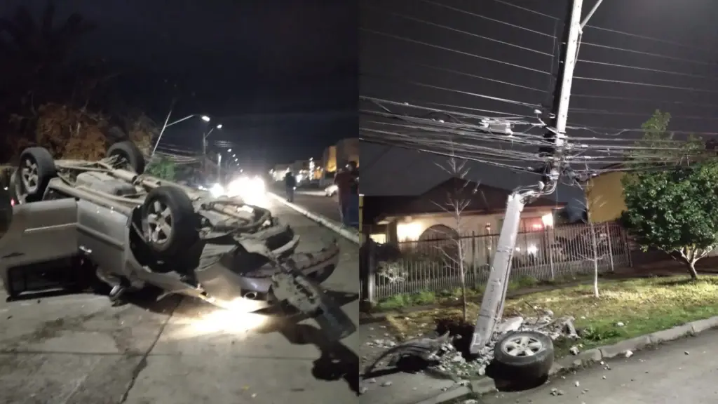 Automóvil terminó volcado luego que conductor chocara contra un árbol, una palmera y dos postes en Curicó