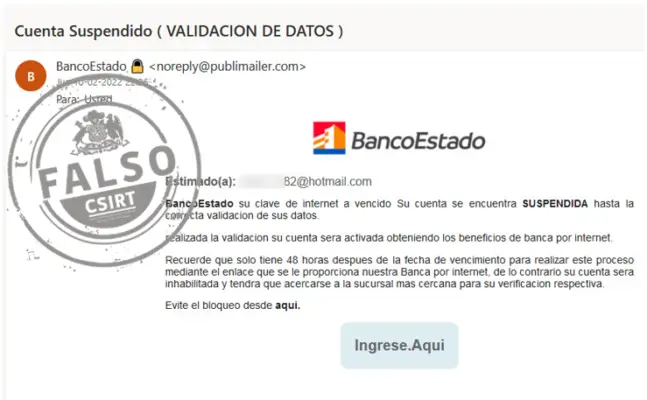 BancoEstado alerta fraude por mail que lleva a sitio falso que roba datos personales