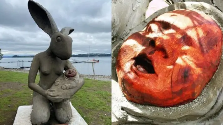 Llamativa escultura de conejo con su cría en brazos provoca reacciones en Puerto Varas