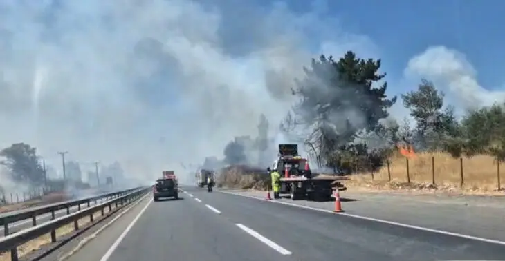 Incendio de pastizales provoca restricciones de tránsito en Ruta 5 Sur, sector Río Claro